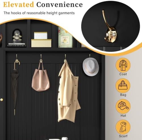 RuiSiSi Hall Tree with Bench and Shoe Storage, 5-in-1 Entryway Coat Rack with Drawer and Storage Cabinet, Antique Black