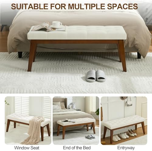 WUTUTUEE 43.5'' Linen Bedroom Bench, Upholstered End of Bed Bench with Tufted Button, Padded Vintage Dining Bench, Entryway Bench with Solid Wood Legs, Kitchen, Living Room, Hallway, Beige Tufted