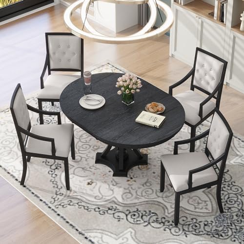 LUMISOL 5-Piece Solid Wood Dining Table Set for 4, Extendable Round Kitchen Table Set with 4 Upholstered Chairs, Farmhouse Table and Chairs Set for Kitchen, Dining Room, Black+Beige
