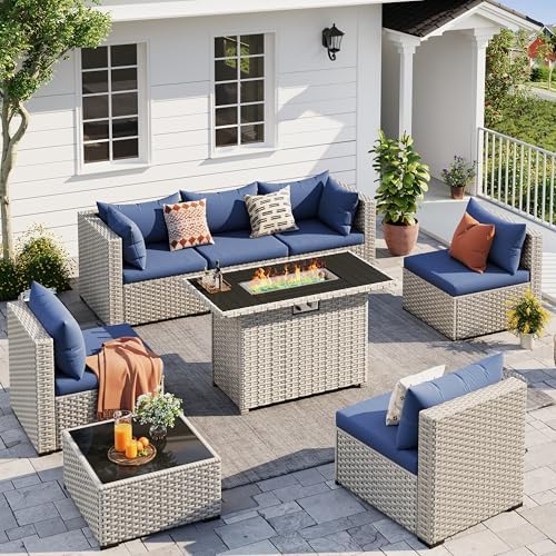 Outdoor Patio Furniture Set with Fire Pit 8 Pcs Wicker Sectional Sofa Blue