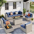 Outdoor Patio Furniture Set with Fire Pit 8 Pcs Wicker Sectional Sofa Blue