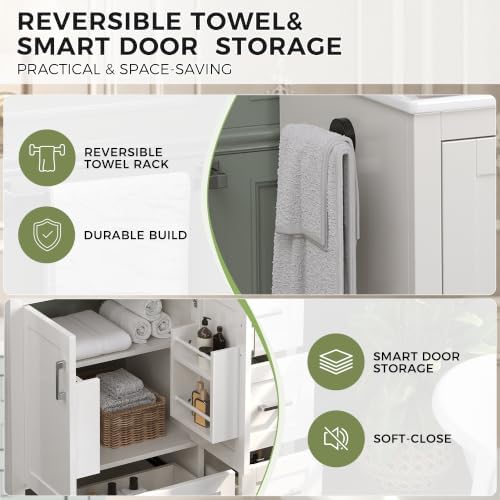 LUMISOL 42 Inch Bathroom Vanity with Sink, Freestanding Bathroom Vanity with Ceramic Sink, Soft-Close Doors, 4 Drawers, Door Storage Shelves, Towel Rack, White