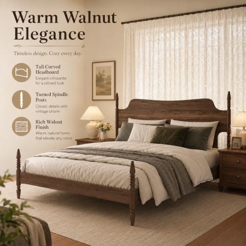 King Size Wood Platform Bed Frame with Tall Curved Headboard, Retro Four-Poster Spindle Bed with Solid Rubberwood Posts and Legs, No Box Spring Needed, Walnut Finish