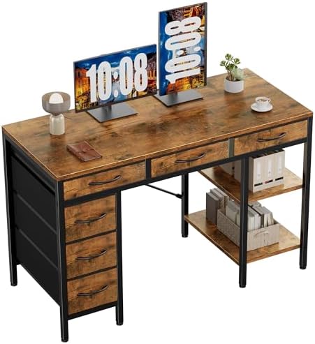 Sweetcrispy 47" Computer Desk with 6 Fabric Drawers & Storage Shelves