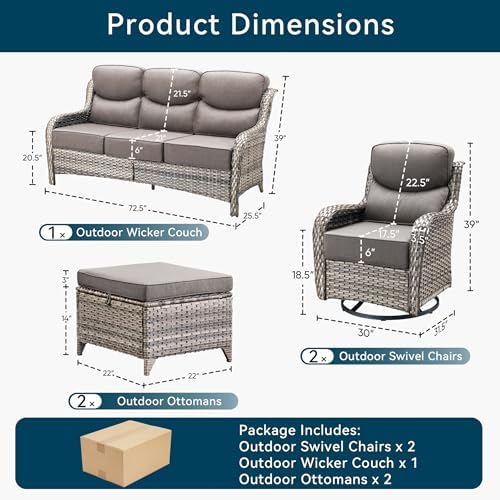 Luxury 5 Pieces Outdoor Patio Furniture Set-High Back Swivel Rocker Patio Chairs with Sofa and Ottomans, 6-inch Extra Thick Cushions Wicker Outdoor Conversation Set for Garden Porch(Grey/Grey)