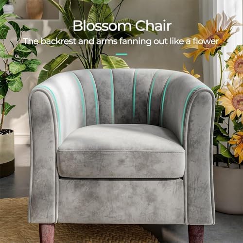LINSY Accent Chair with Ottoman, Modern Barrel Chair Small Armchair Reading Chair with Footrest, Comfy Round Arms Chair for Living Room Bedroom Reading Room, Velvet(Grey)