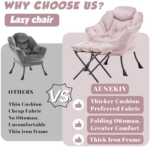 Lazy Chair with Ottoman, Comfy Reading Chair, Pink