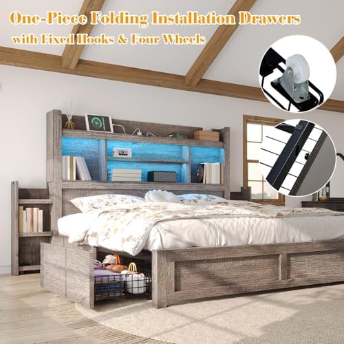 LUXOAK 5-Piece Farmhouse Bedroom Set - Full Storage Bed & Dresser, Grey