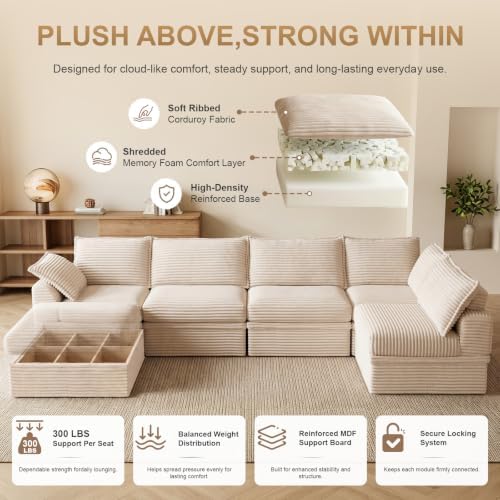 142" Oversized Modular Sectional Couches for Living Room, Corduroy 6-Seat Large Upgraded Boneless Couch with Storage & Ottoman, Deep Seat, U Shaped Memory Foam Sofa-in-a-Box, No Assembly, Beige