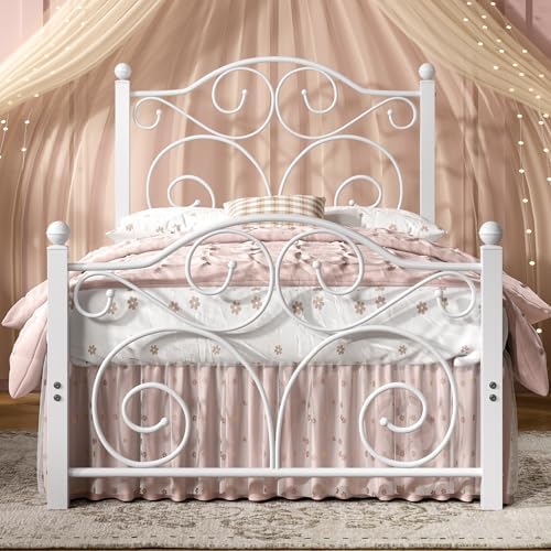 VECELO Twin Size Bed Frame with Headboard and Footboard, Heavy Duty Metal Slat Support, Platform Mattress Foundation, No Box Spring Needed, Easy Assembly, White