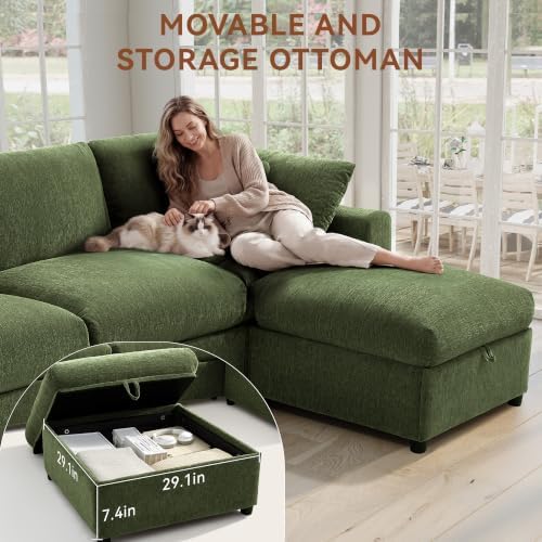 Ihanherry Cloud Sectional Couches for Living Room, 110" Large Modular Sectional Sofa with Wide Deep Seat, L Shaped Couch with Throw Pillow and Storage Ottoman, Green