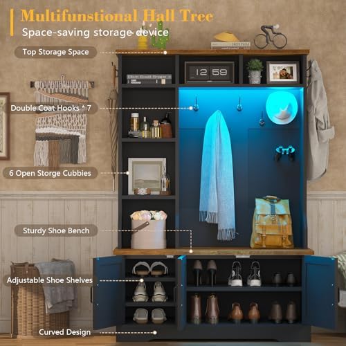 CSZZD 39.4 inch Hall Tree with Bench & Entryway Coat Rack with Shoe Storage