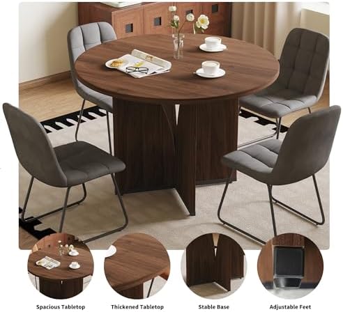 HIPIHOM Modern Round Dining Table Set for 4, 39.4" Walnut Kitchen Table with 4 PU Leather Chairs, 5-Piece Mid-Century Dining Room Set for Small Spaces, Pedestal Base