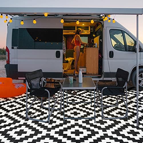 SAND MINE Waterproof Outdoor Rug 6x9 ft, Reversible Mats, Modern Area Rug, Large Floor Mat and Rug for Outdoors, RV, Patio, Backyard, Deck, Picnic, Beach, Trailer, Camping, Black & White Lattice