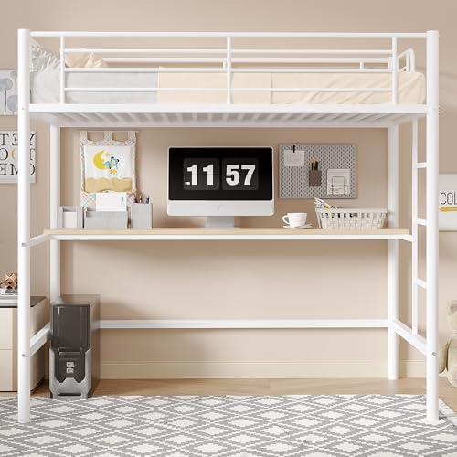 VECELO Loft Bed Twin Size with Desk, Metal Bedframe with Removable Ladder and Safety Guardrail, No Box Spring Needed, Space Saving, Noise Free, Pure White