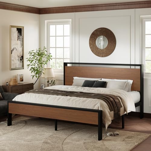 Allewie King Size Bed Frame, Heavy Duty 12 Metal Slats Support, Walnut
