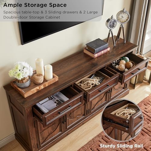 JXQTLINGMU 66" Farmhouse Buffet Cabinet with Storage, Sideboard Credenza, Carved Cloud-Inspired Doors, 3 Drawers & Adjustable Shelves, Coffee Bar Cabinet, Dark Brown