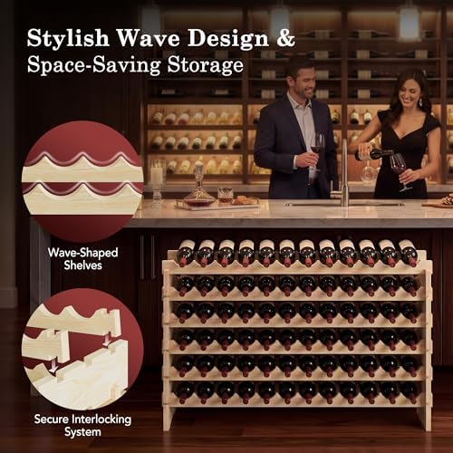 72 Bottles Stackable Modular Wine Rack, 6-Tier 72 Slots Floor Wine Storage Stand Wooden Wine Holder Display Shelves, Wobble-Free, Solid Wood, Floor Free Standing