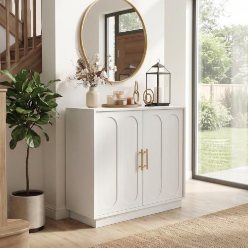 holzart 31.5" Modern Farmhouse Storage Cabinet, White 2 Door Sideboard Buffet with Gold Handles, Fluted Wood Accent Credenza for Entryway, Living Room, Coffee Bar, Home Office