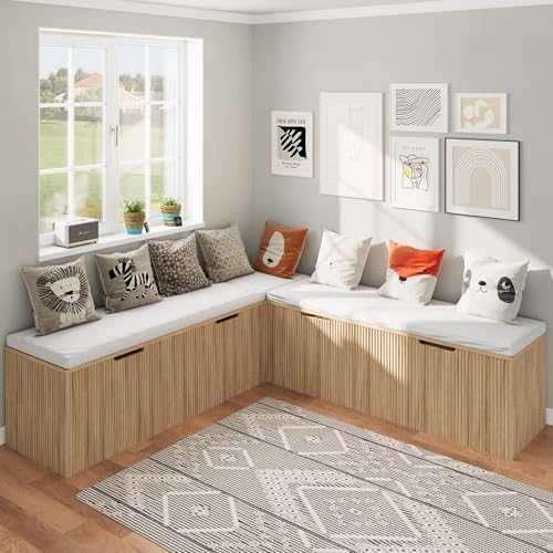Bobve L-Shape Storage Bench with Cushion, Backless Corner Dining Bench, Kitchen Dining Nook Bench with Hidden Storage for Dining Room, Kitchen, Entryway (Natural Wood)