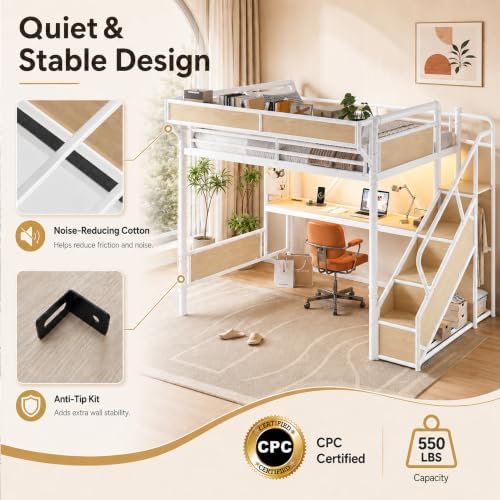 KEIKI Twin Size Metal Loft Bed Frame with Storage Staircase, Desk, White