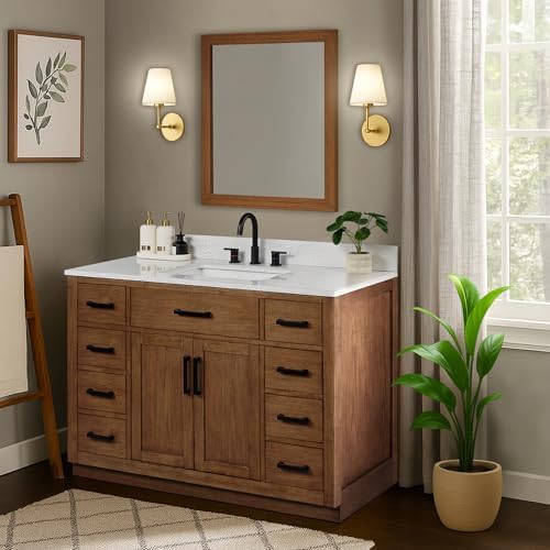 48-inch Dark Walnut Bathroom Vanity with Sink, Solid Wood, 0.79-inch Stone Countertop and Backsplash, 9 Drawers, 2 Soft Closing Doors