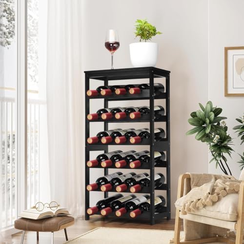 Wine Rack 24-Botttle Freestanding Floor, 6-Tier Wine Rack Shelf with Table Top, Bamboo Display Wine Storage Shelves Kitchen Bar Dining Room Living Room, Black