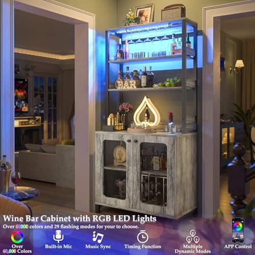 Aheaplus Bar Cabinet with Power Outlets,67" Tall Wine Bar Cabinet,White Oak