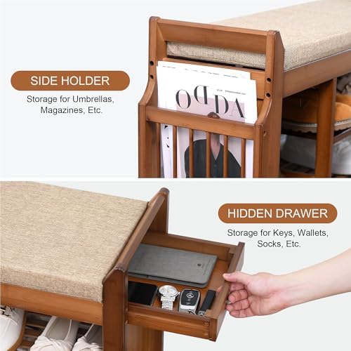 PETKABOO 39.4" Shoe Bench with Coat Rack Hidden Drawer and Side Holder, 2 Tier Entryway Bench with Storage, Bamboo Shoe Rack with Cushion for Entryway Hallway Living Room Bedroom