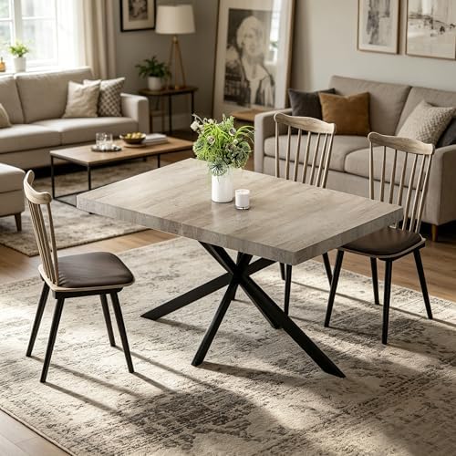 Extendable Dining Table for 4-6 People, 55" to 71" Expandable Table with Hidden Storage Drawer and Black Metal Base, Modern Rectangular Kitchen Dining Table, Grey & Black