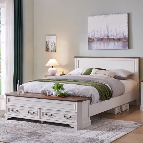 T4TREAM Farmhouse Queen Bed with Headboard and Storage Bench(Antique White)