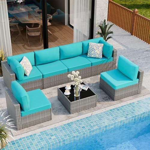 Shintenchi 7 Piece Outdoor Patio Furniture Set with Silver Rattan, Blue