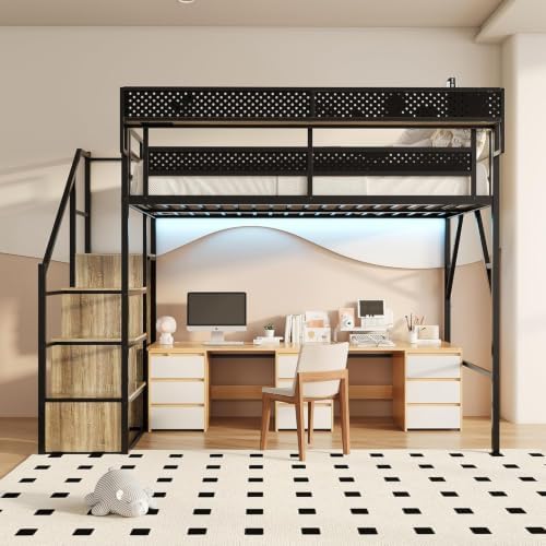 Full Size Metal Loft Bed with Storage Stairs, Wardrobe & Charging Station