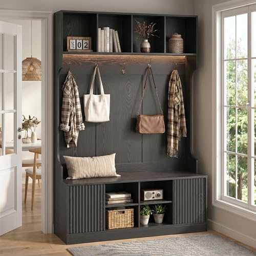 5-in-1 Hall Tree with Bench and Shoe Storage with LED Sensor Light, Black丨Entryway Coat Rack with Hooks and Storage Cubes, Shoe Cabinet with Fluted Door, Modern Hall Tree for Entryway, Living Room