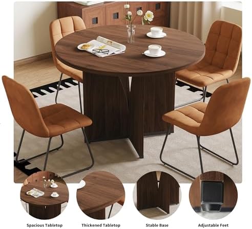 HIPIHOM Modern Round Dining Table Set for 2, 39.4" Walnut Kitchen Table with 2 PU Leather Chairs, 3-Piece Mid-Century Dining Room Set for Small Spaces, Pedestal Base & Ergonomic Padded Chairs