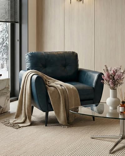Blue Leather Accent Chair, Tufted Reading Armchair for Living Room Office