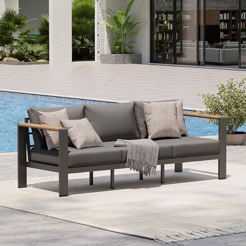 Aluminum Outdoor Patio Furniture, 3 Seats All-Weather Outdoor Patio Sofa with Washable Thick Cushion, Patio Sofa Couch for Porch, Balcony, Deck, Yard, Graphite