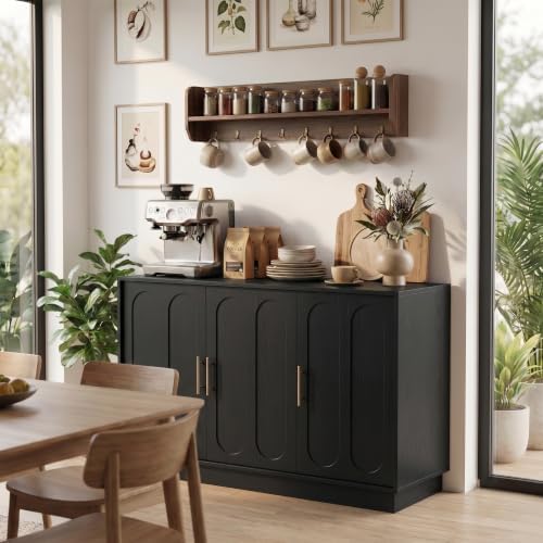 holzart 46.6" Modern Farmhouse 3 Door Storage Cabinet, Black Sideboard Buffet with Gold Handles, Large Fluted Wood Credenza for Dining Room, Living Room, Coffee Bar