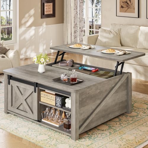SEDETA 31.5" Lift Top Coffee Table with Storage, Square Coffee Tables for Living Room, Farmhouse Coffee Table with Large Hidden Storage Compartment and Adjustable Shelves, Grey