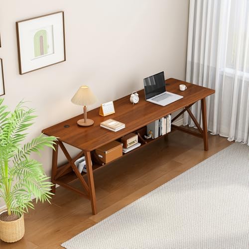 NELYE Extra Long Writing Desk with Bookshelf, 71" Wx20 Dx30 H, Walnut