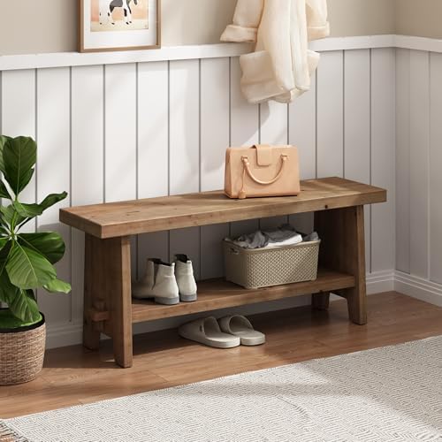 HOKYHOKY Wood Entryway Bench - 43.3" Farmhouse Long Storage Bench, Indoor