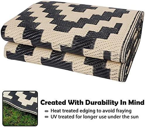 SAND MINE Waterproof Outdoor Rug 5x8 ft, Plastic Reversible Rug, Modern Area Rug, Large Floor Mat for Outdoors, RV, Patio, Backyard, Deck, Picnic, Beach, Camping, Black & Beige