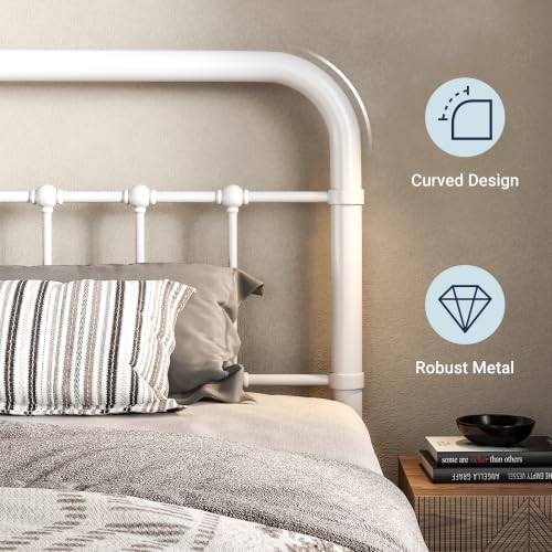 Allewie Twin Metal Bed Frame with Victorian Iron-Art Headboard, White