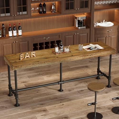 70.9-Inch Long Solid Wood Bar Table for 6-8 People, Industrial Narrow Counter Height Pub Table with Metal Footrest, Rectangular High Top Bar Unit for Kitchen Dining, Rustic Brown(Table Only)