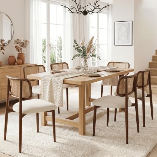 UVV Dining Chairs Set of 6, Metal Kitchen Chairs with Modern Fabric Upholstered for Dining Room, Beige Rattan