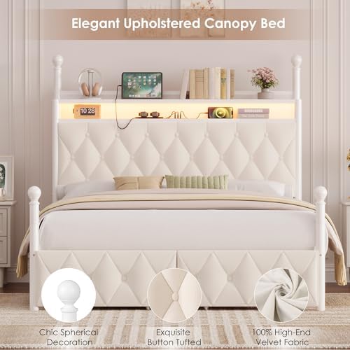 HIFIT Full Size LED Canopy Bed Frame with Storage & Charging Station, Beige