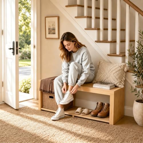 Bamboo Bench with Shelf, 35'' Entryway Bench Seat, Natural