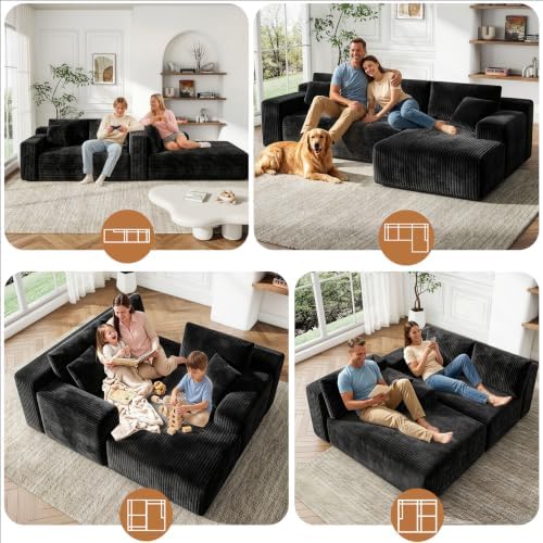 96'' L-Cloud Sectional Boneless Couches for Living Room, Black