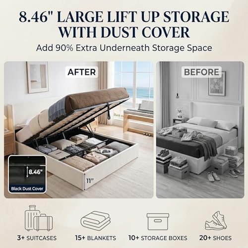 King Lift Up Storage Bed, Corduroy Platform Bed with Headboard, Cream