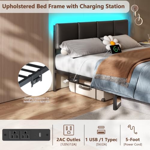 Furnulem Queen Bed Frame with PU Upholstered Headboard and Charging Station